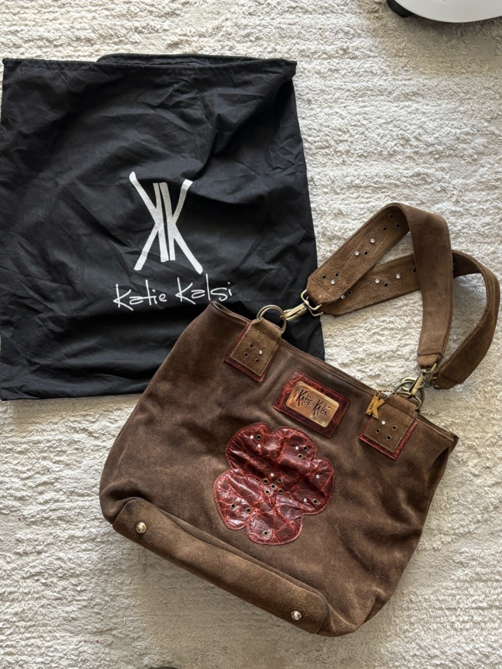 Katie Kelsi Brown Suede Tote with Brown Leather Floral Appliqué